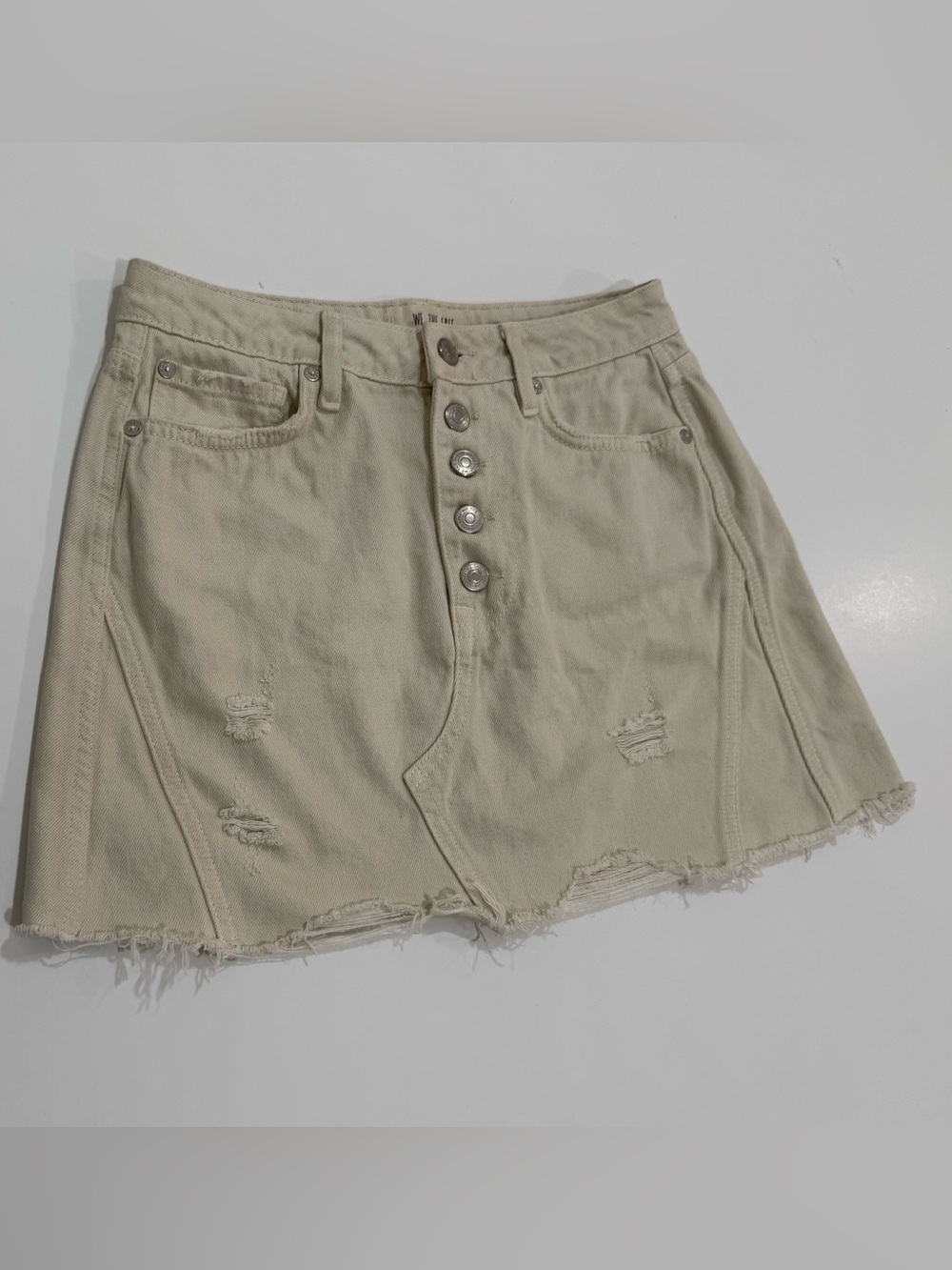 We The Free Free People Distressed Denim Mini Skirt Cream Button Fly Size 27